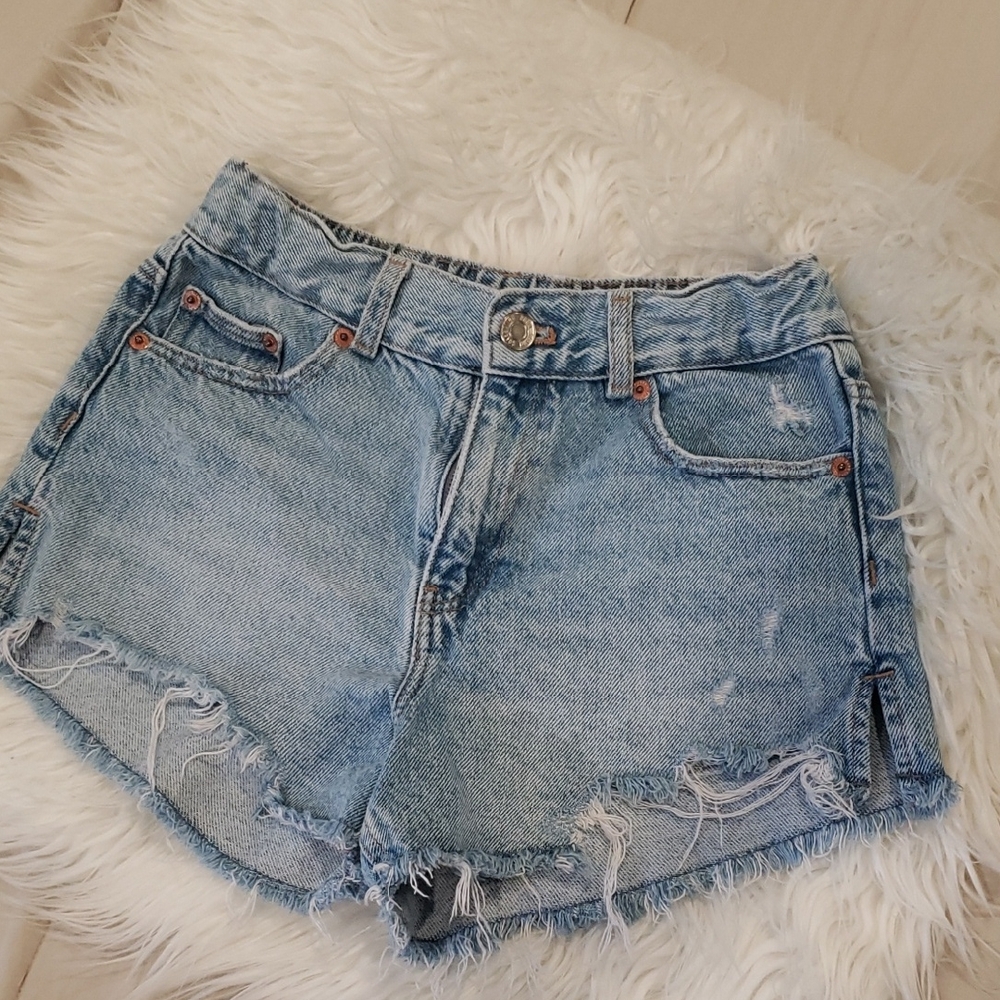 Zara Light Blue Frayed Hem Jean Shorts